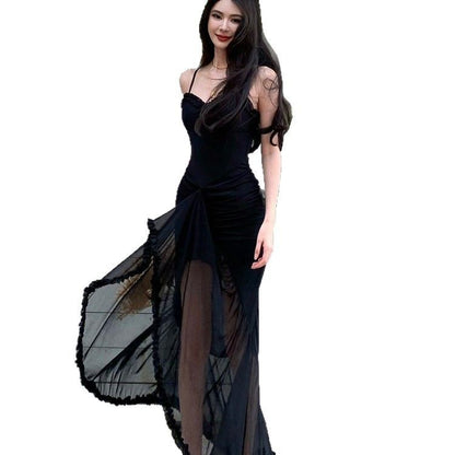 Spaghetti Strap Plain Ruffle Asymmetrical Ruched Maxi Sundress