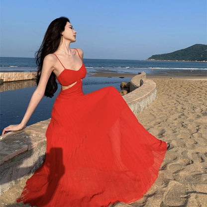 Spaghetti Strap Plain Cutout Pleated Maxi Sundress