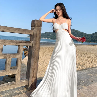 Spaghetti Strap Plain Cutout Pleated Maxi Sundress