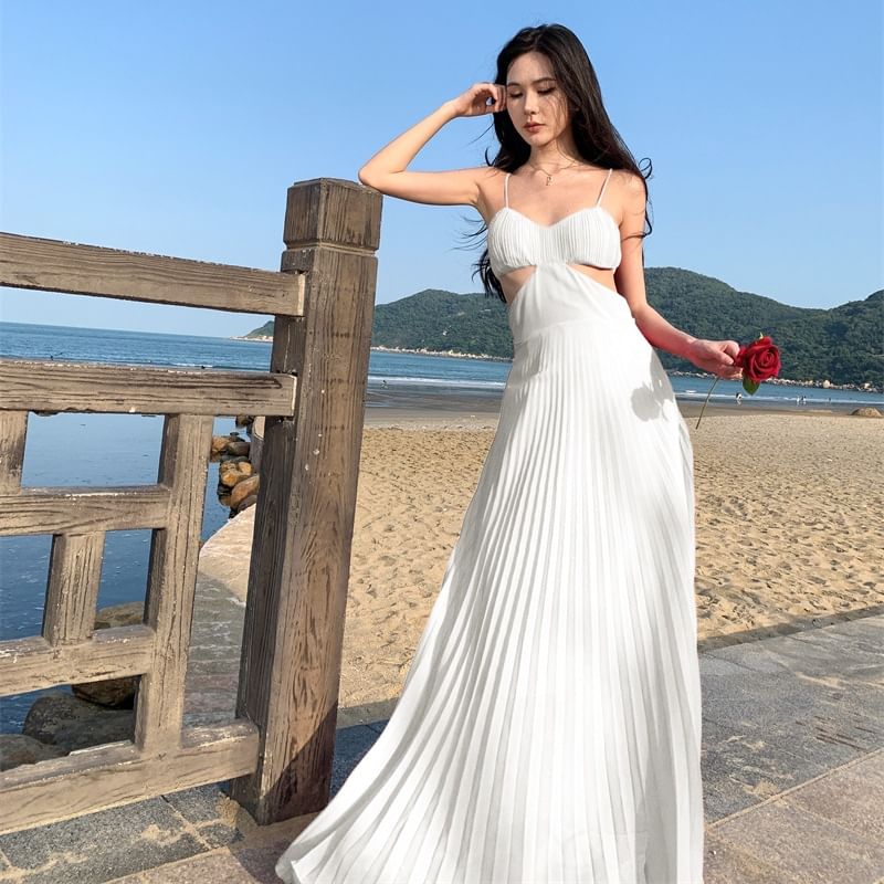 Spaghetti Strap Sundress Maxi Pleated Plain Cutout