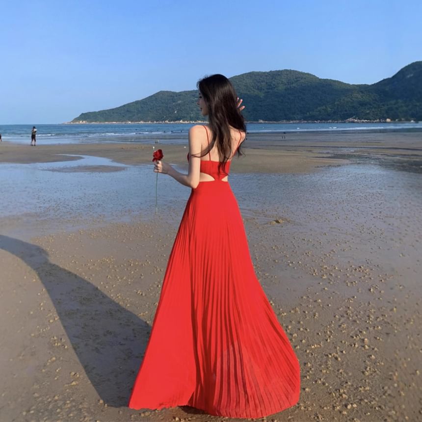 Spaghetti Strap Sundress Maxi Pleated Plain Cutout