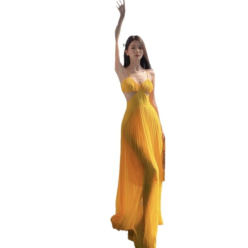 Spaghetti Strap Plain Cutout Pleated Maxi Sundress