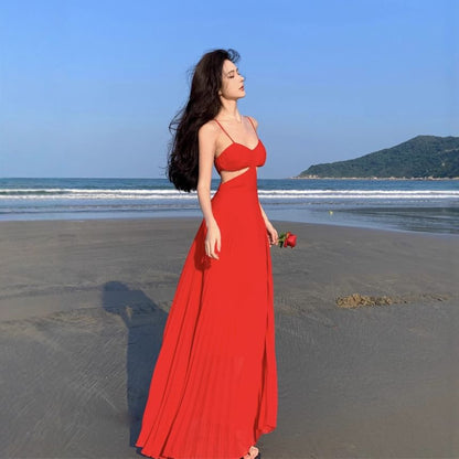Spaghetti Strap Sundress Maxi Pleated Plain Cutout