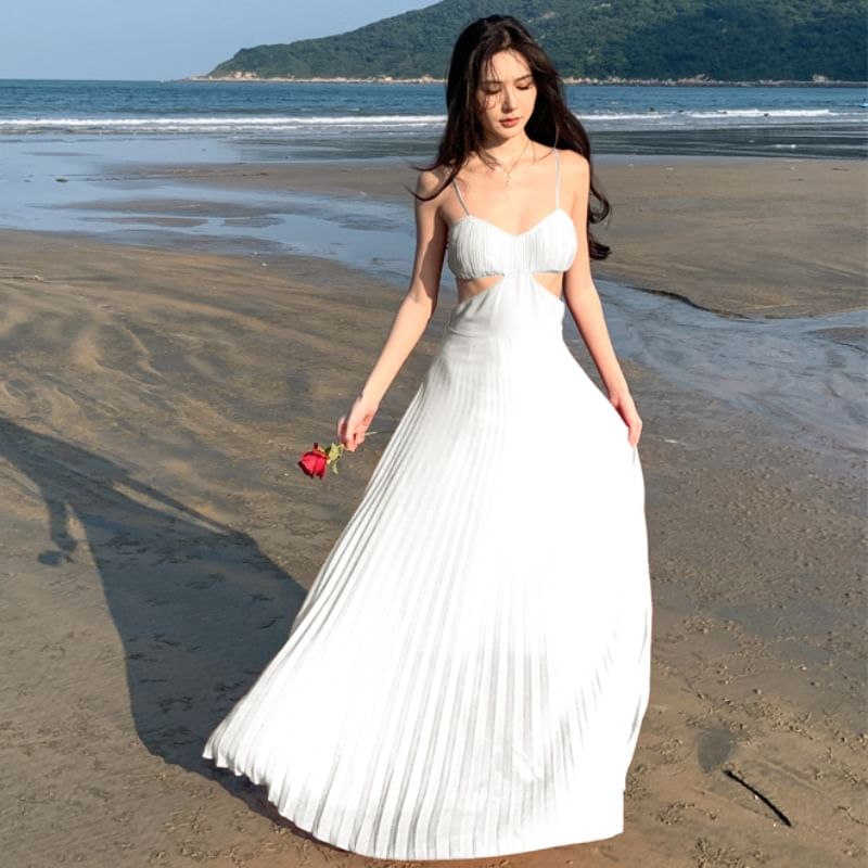 Spaghetti Strap Sundress Maxi Pleated Plain Cutout
