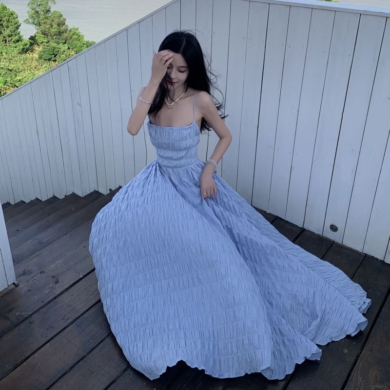 Plain Maxi Textured Strappy Sundress Halter