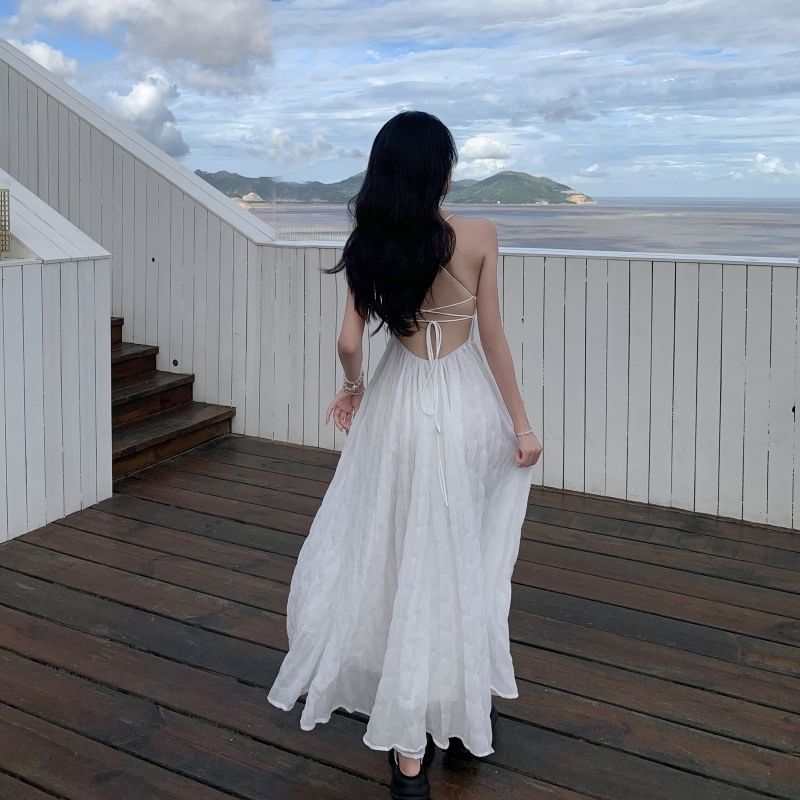 Plain Maxi Textured Strappy Sundress Halter