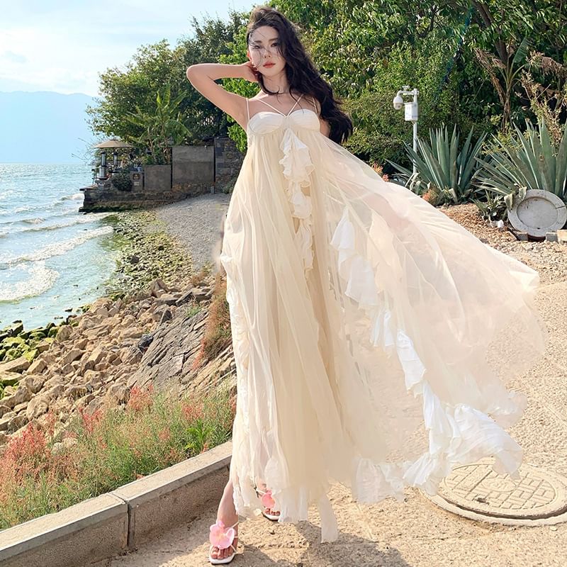 Spaghetti Strap Plain Ruffle Asymmetrical Mesh Panel Maxi Sundress