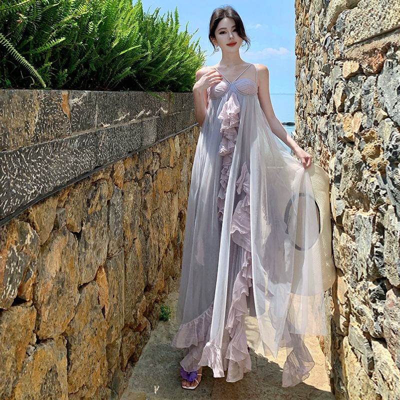 Sundress Ruffle Spaghetti Strap Panel Mesh Maxi Plain Asymmetrical