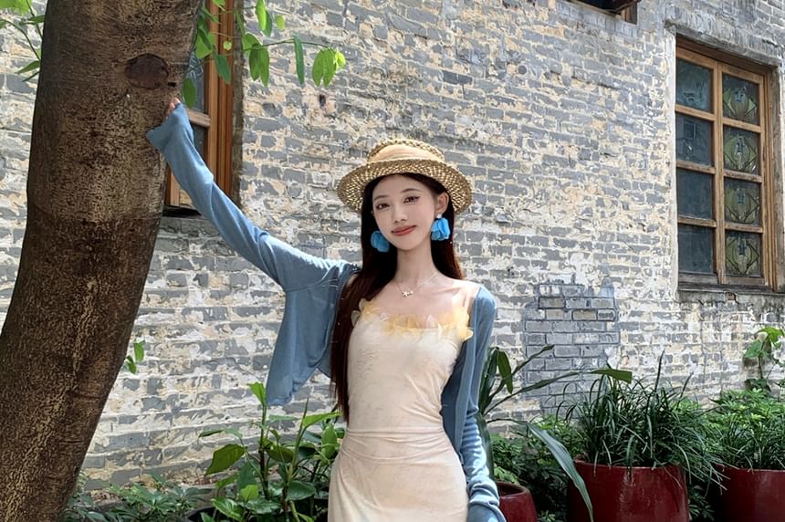 Ruffle Cardigan Dye Lettuce Tie Sundress Strap / Edge Set Spaghetti Plain Maxi