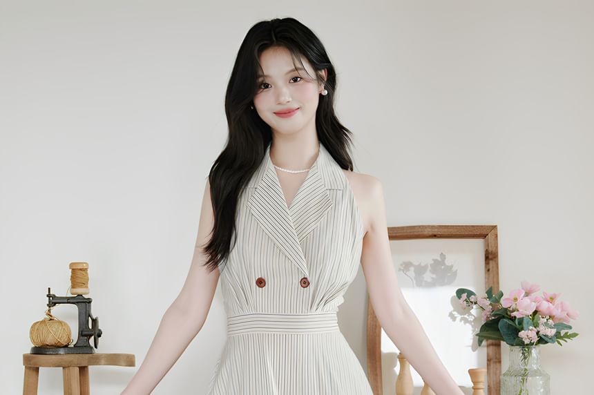 A-Line Collar Halter Dress Set Striped Maxi Plain Cardigan Lettuce / Edge
