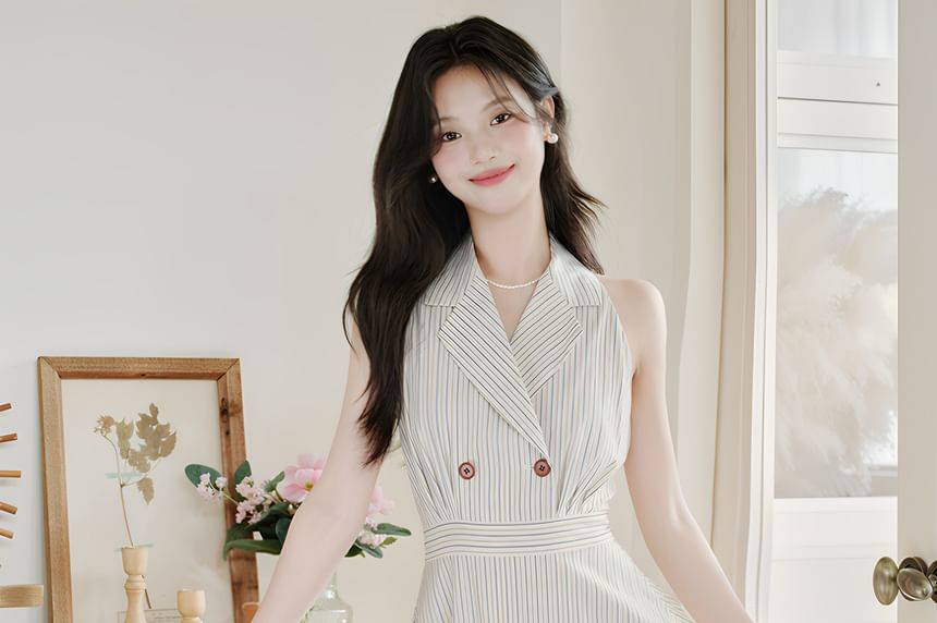A-Line Collar Halter Dress Set Striped Maxi Plain Cardigan Lettuce / Edge