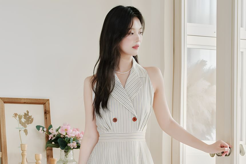 A-Line Collar Halter Dress Set Striped Maxi Plain Cardigan Lettuce / Edge