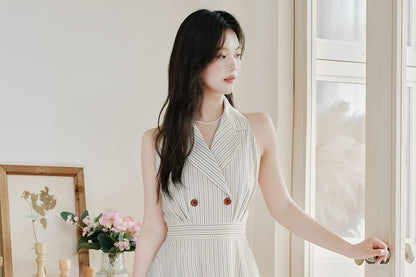 A-Line Collar Halter Dress Set Striped Maxi Plain Cardigan Lettuce / Edge