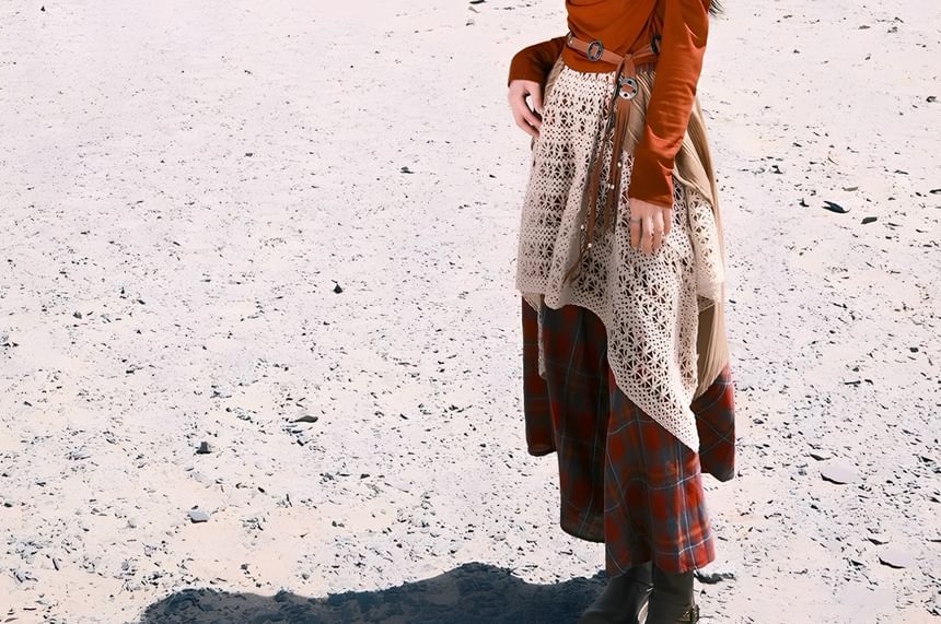 Long Sleeve Cold Shoulder Plain Beaded T-Shirt High Rise Plaid Patchwork Maxi A-Line Skirt Faux Leather Belt Set