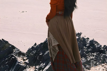 Long Sleeve Cold Shoulder Plain Beaded T-Shirt High Rise Plaid Patchwork Maxi A-Line Skirt Faux Leather Belt Set