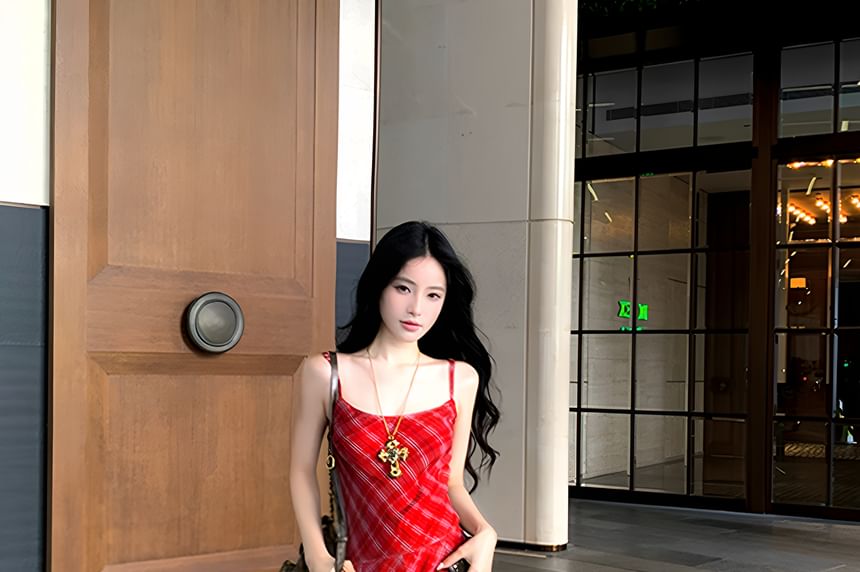 Neck Set Belt Maxi Plaid / Sundress Spaghetti Strap Scoop