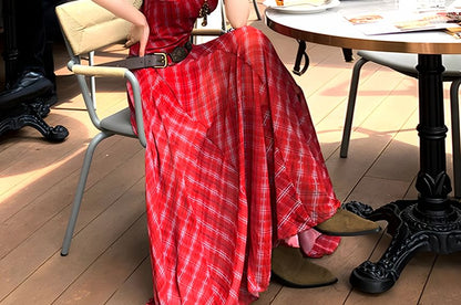 Neck Set Belt Maxi Plaid / Sundress Spaghetti Strap Scoop