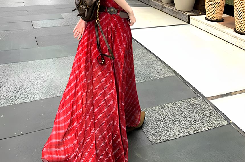 Neck Set Belt Maxi Plaid / Sundress Spaghetti Strap Scoop