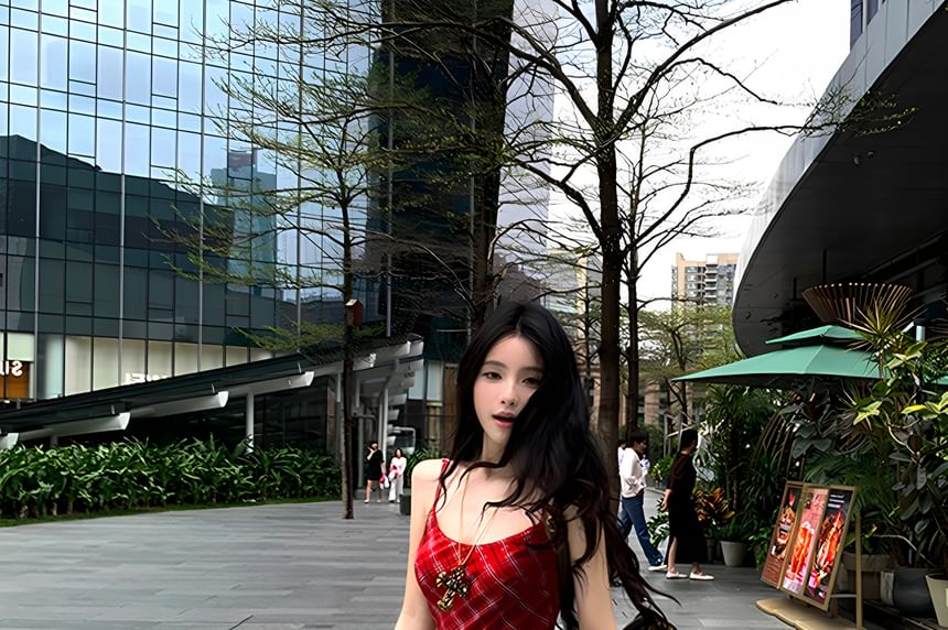 Neck Set Belt Maxi Plaid / Sundress Spaghetti Strap Scoop