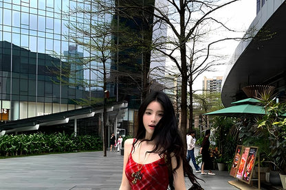 Neck Set Belt Maxi Plaid / Sundress Spaghetti Strap Scoop