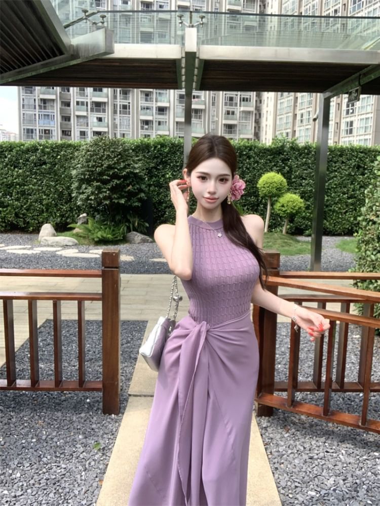 Plain Ribbed Knit Halter Top High Waist Knot Maxi H-Line Skirt
