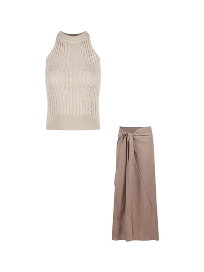 Plain Ribbed Knit Halter Top High Waist Knot Maxi H-Line Skirt