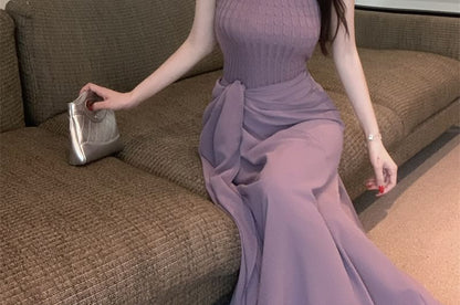 Plain Ribbed Knit Halter Top High Waist Knot Maxi H-Line Skirt