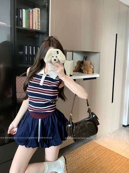 Sleeveless Striped Polo Knit Top High Rise Plain Mini A-Line Skirt