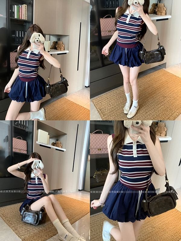 Sleeveless Striped Polo Knit Top High Rise Plain Mini A-Line Skirt