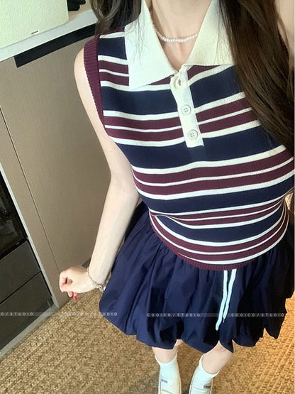 Sleeveless Striped Polo Knit Top High Rise Plain Mini A-Line Skirt