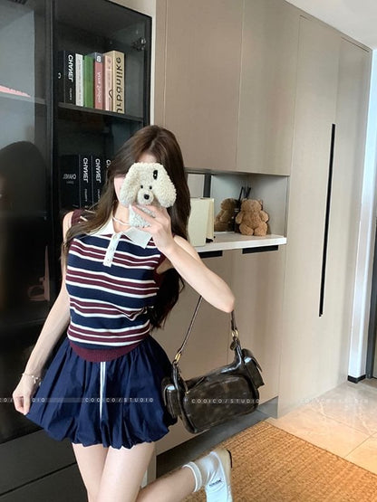 Sleeveless Striped Polo Knit Top High Rise Plain Mini A-Line Skirt