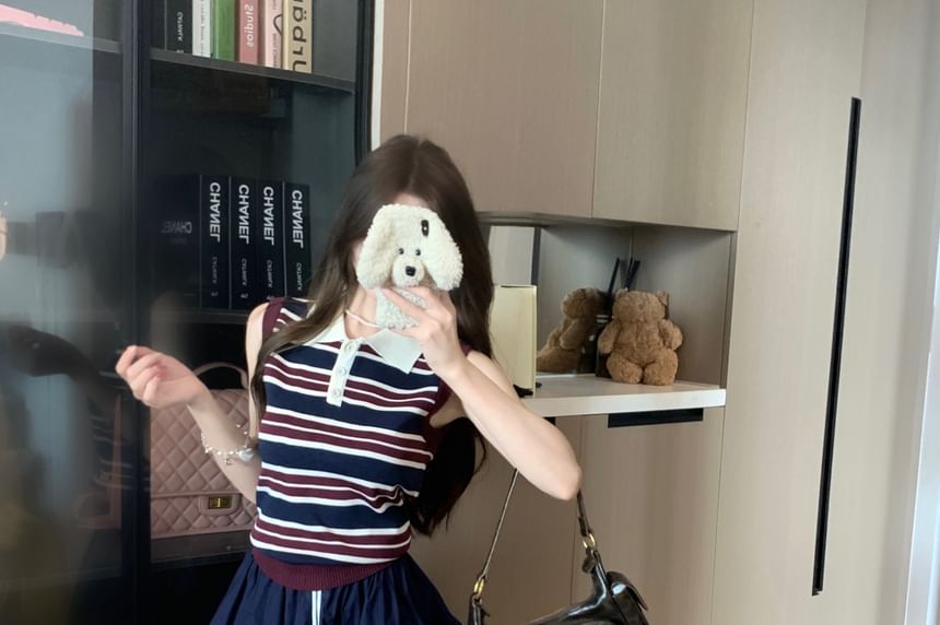 Sleeveless Striped Polo Knit Top High Rise Plain Mini A-Line Skirt