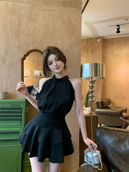 Sleeveless Round Neck Plain Top High Rise Mini A-Line Skirt Set