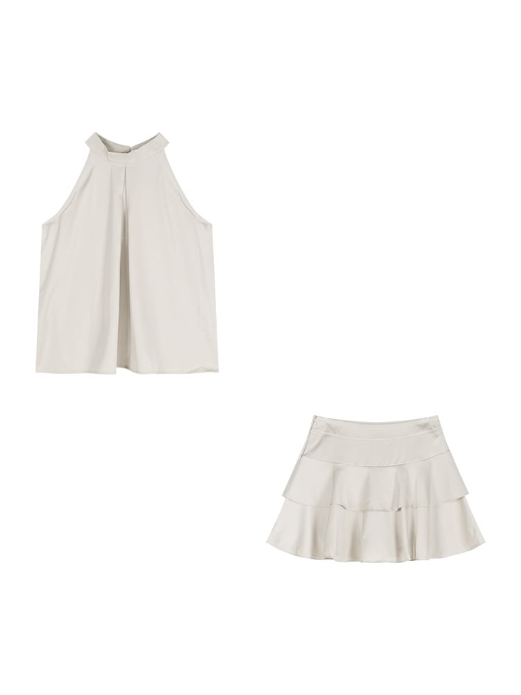 Sleeveless Round Neck Plain Top High Rise Mini A-Line Skirt Set