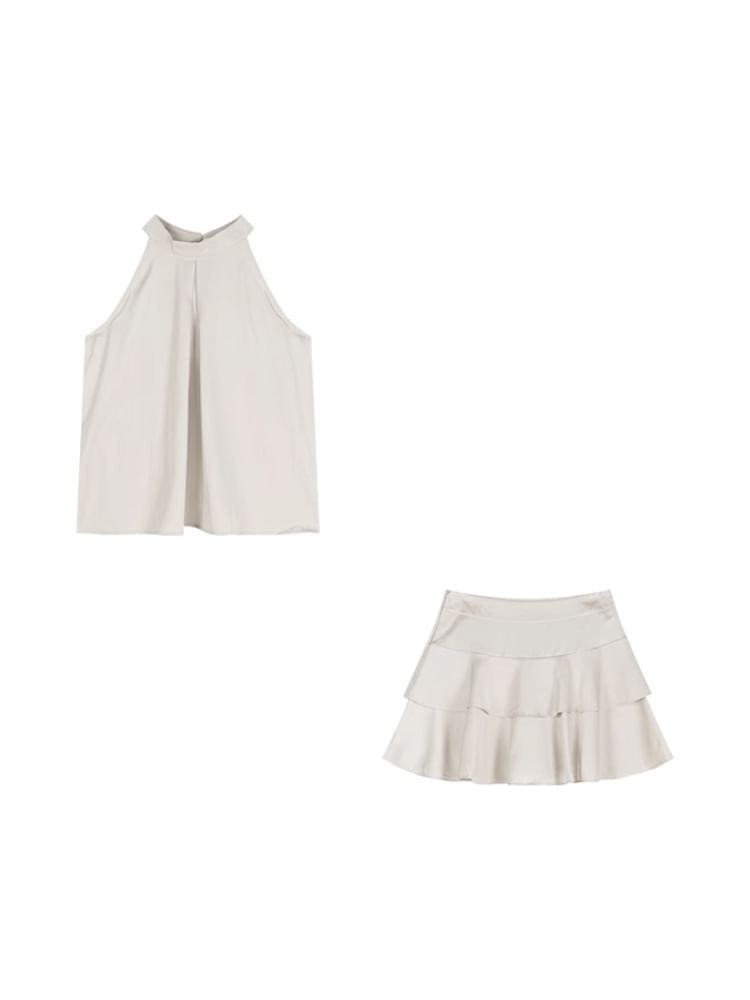 Sleeveless Round Neck Plain Top High Rise Mini A-Line Skirt Set