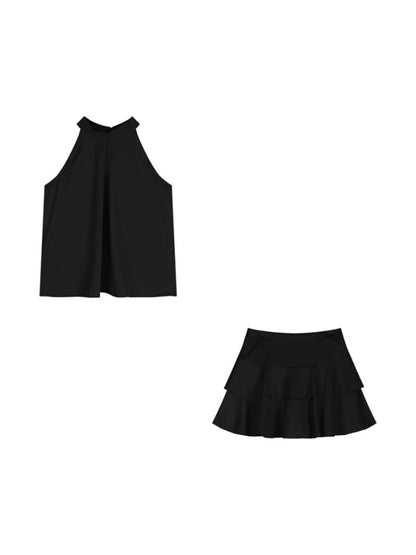Sleeveless Round Neck Plain Top High Rise Mini A-Line Skirt Set
