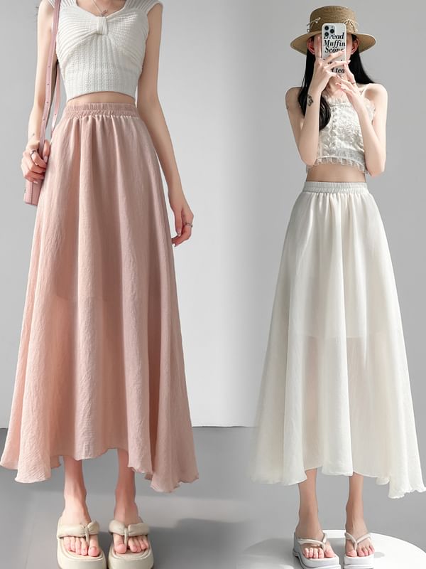 High Waist Plain Midi A-Line Skirt