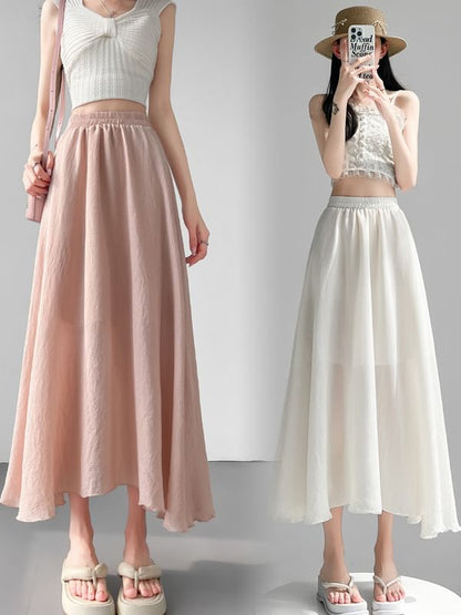 High Waist Plain Midi A-Line Skirt