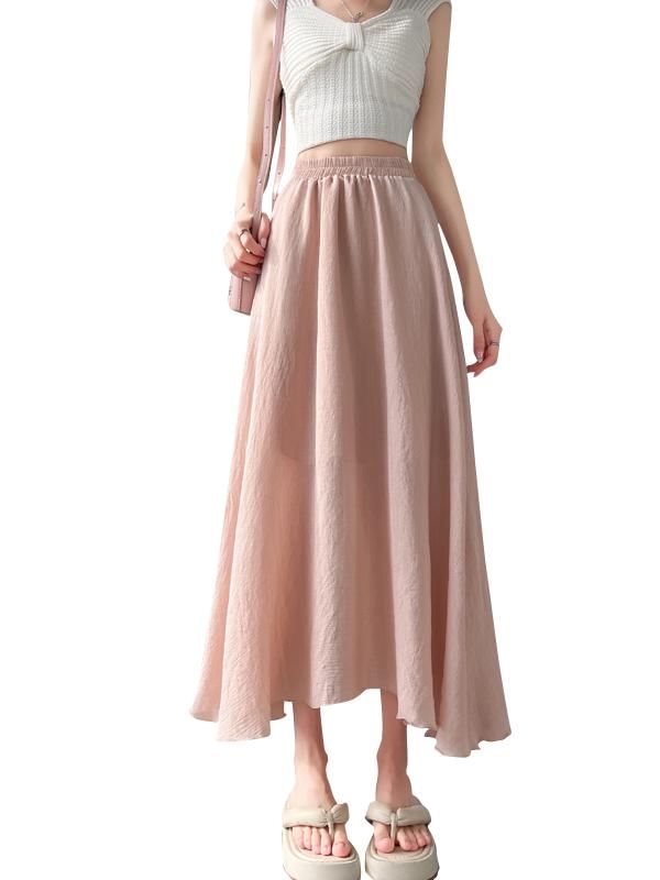 High Waist Plain Midi A-Line Skirt