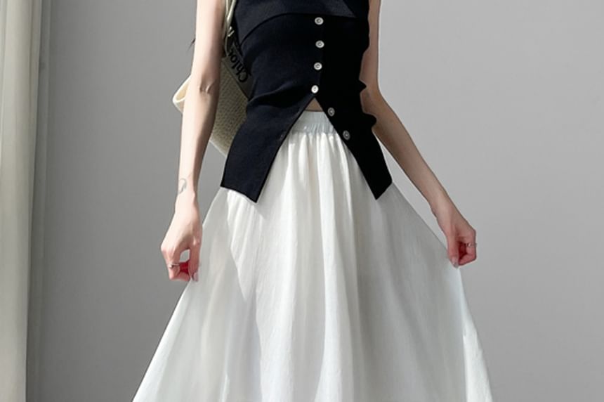 High Waist Plain Midi A-Line Skirt
