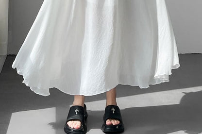 High Waist Plain Midi A-Line Skirt