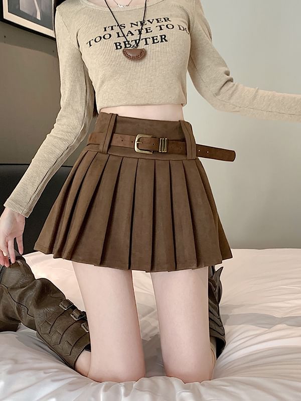 High Rise Plain Mini Pleated Skirt