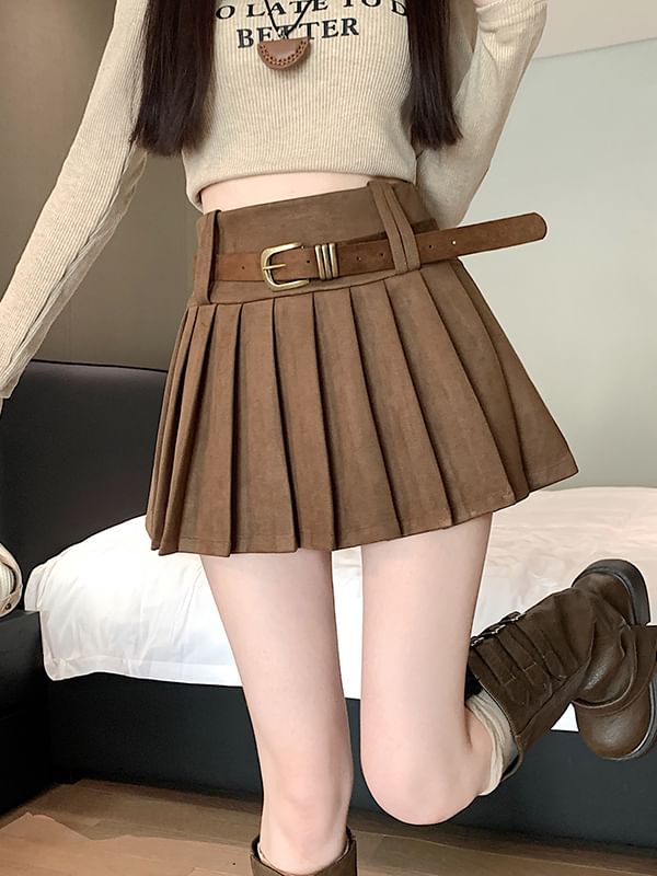 High Rise Plain Mini Pleated Skirt