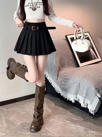 High Rise Plain Mini Pleated Skirt