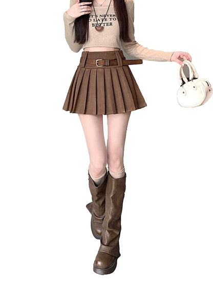 High Rise Plain Mini Pleated Skirt