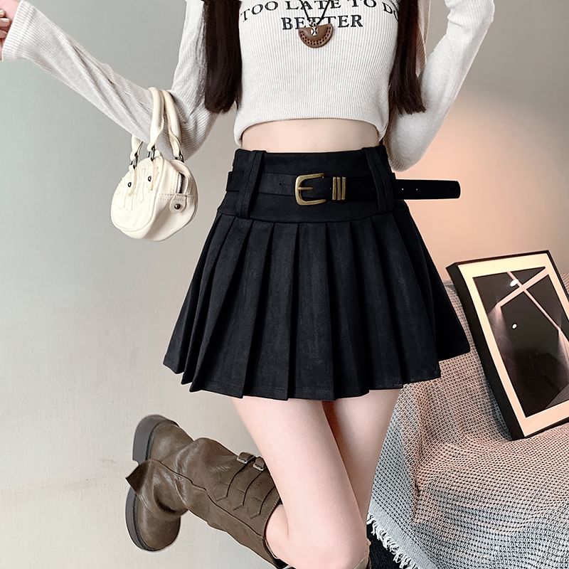 High Rise Plain Mini Pleated Skirt