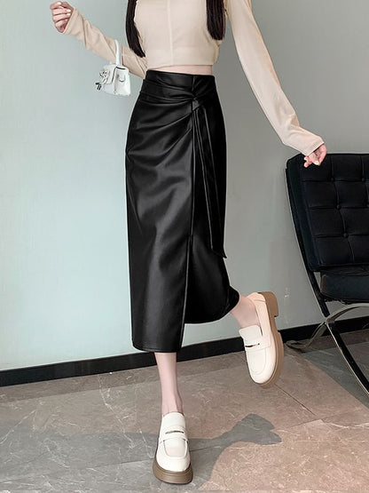 High Rise Faux Leather Midi Skirt