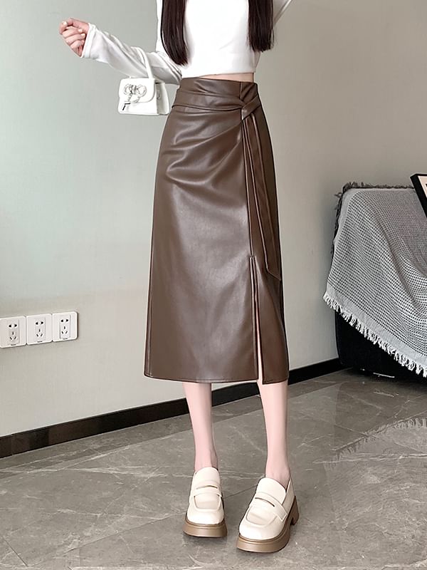 High Rise Faux Leather Midi Skirt