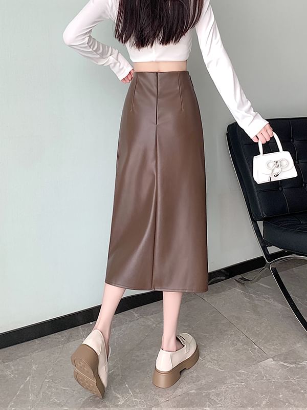 High Rise Faux Leather Midi Skirt