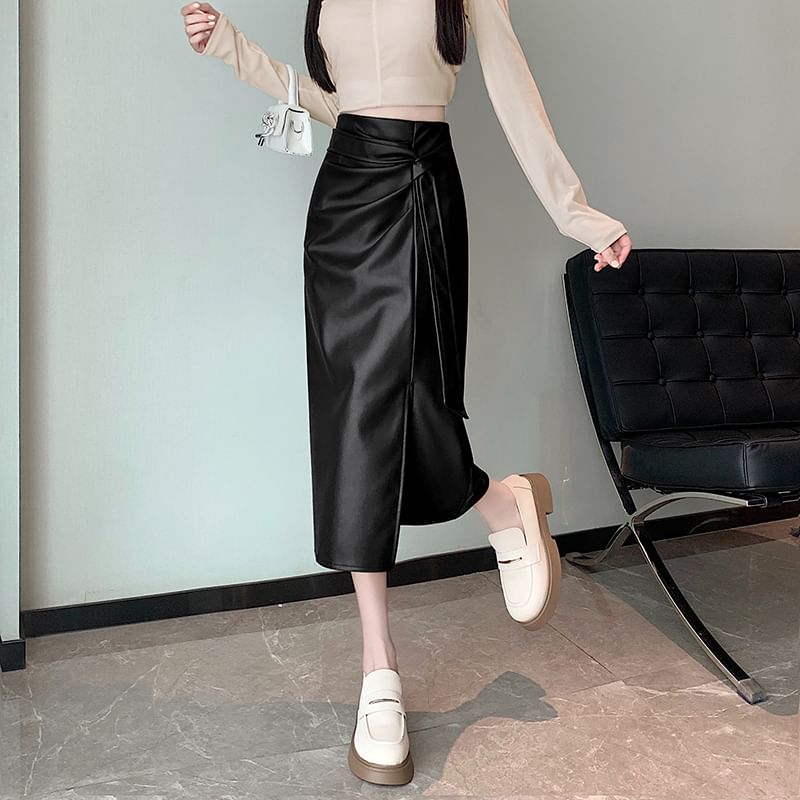 High Rise Faux Leather Midi Skirt